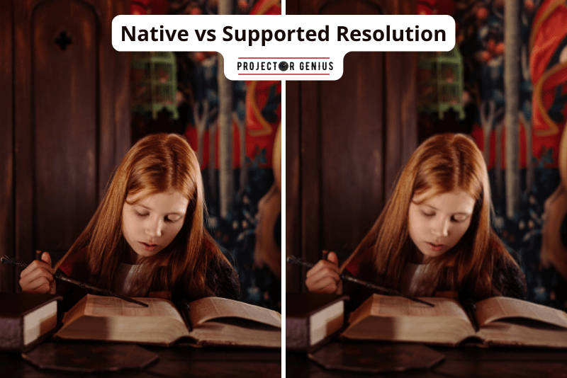 An image of girl reading book that display native resolution vs supported resolution